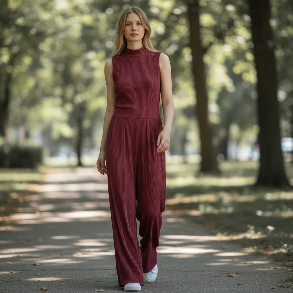 Discreet Women Jumpsuit JS9412 Burgundy Medium Ribbed Mock Neck Wide Leg